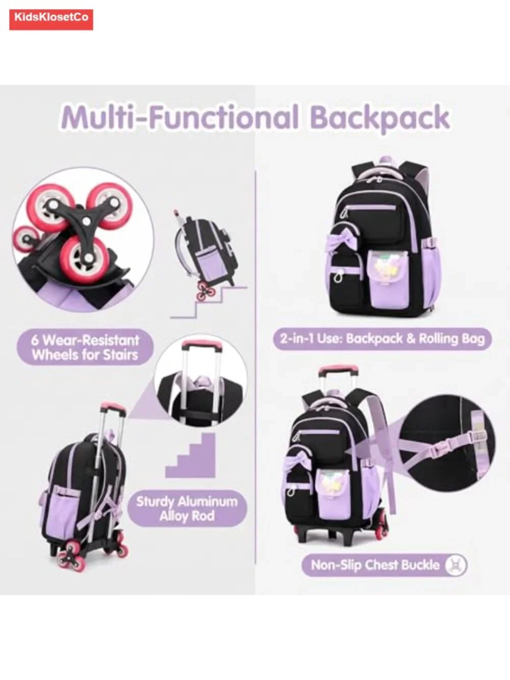 Girls Rolling Backpack with Wheels, Waterproof Nylon Wheeled School Bag with